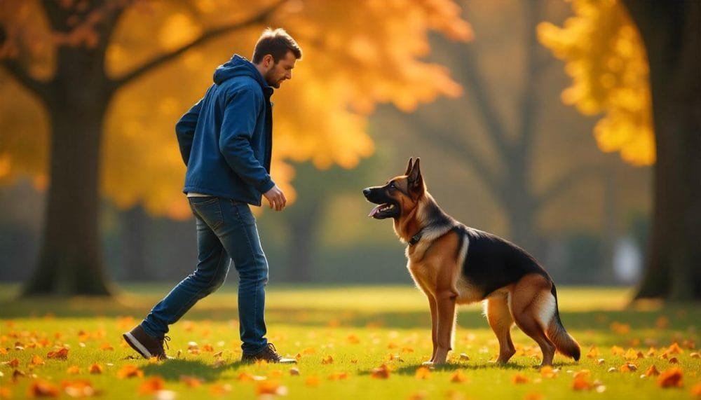 una persona dando órdenes a un perro
